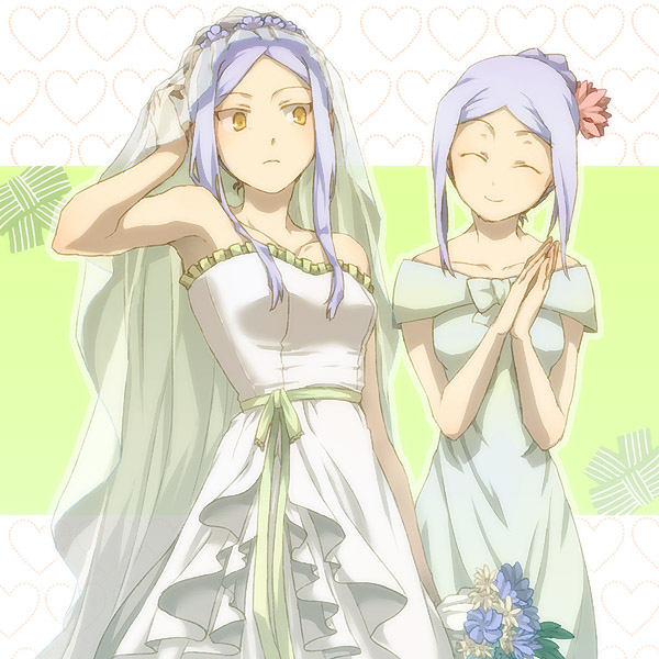 bridal_veil bride closed_eyes dress dual_persona flower gundam gundam_00 hair_ornament mimana smile soma_peries veil wedding_dress yellow_eyes