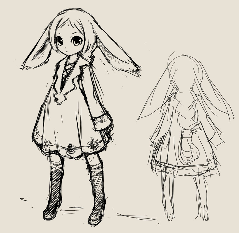 beige bunny_ears kanihira monochrome original rabbit_ears short_hair sketch