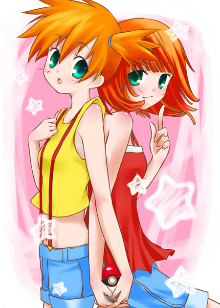 back-to-back back_to_back bad_id bare_shoulders blush crossover dual_persona green_eyes gym_leader hand_holding holding holding_hands holding_poke_ball kasumi_(pokemon) midriff multiple_girls nintendo open_mouth orange_hair poke_ball pokemon pokemon_special red_hair redhead short_hair shorts side_ponytail smile star strib_und_werde suspenders time_paradox