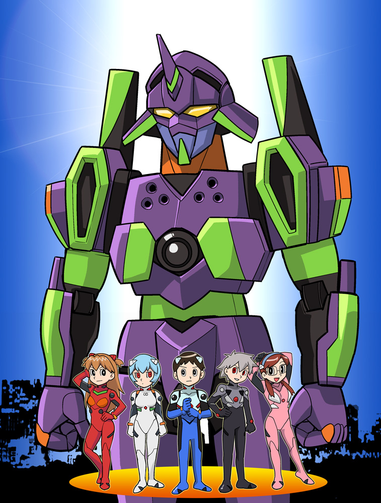 blue_hair doraemon eva_01 fujiko_f_fujio_(style) glasses ikari_shinji makinami_mari_illustrious mecha nagisa_kaworu neon_genesis_evangelion parody plugsuit rebuild_of_evangelion red_eyes shikinami_asuka_langley souryuu_asuka_langley style_parody twintails ueyama_michirou