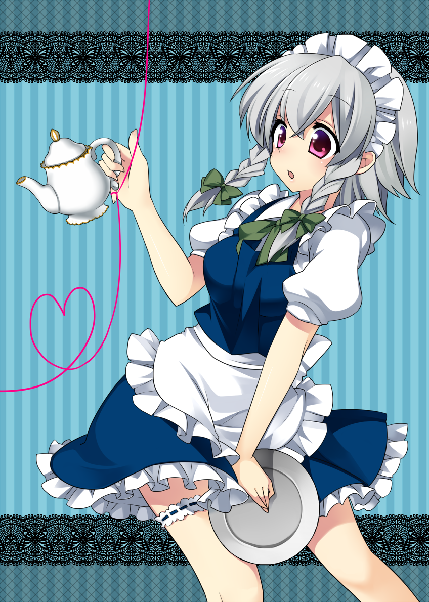 1girl apron bad_id braid izayoi_sakuya maid masaru.jp red_eyes red_string short_hair silver_hair teapot touhou tray twin_braids