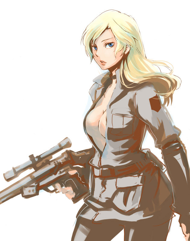 blue_eyes breasts choker gloves gun long_hair metal_gear_solid open_clothes open_jacket rifle sideboob sniper_rifle sniper_wolf weapon