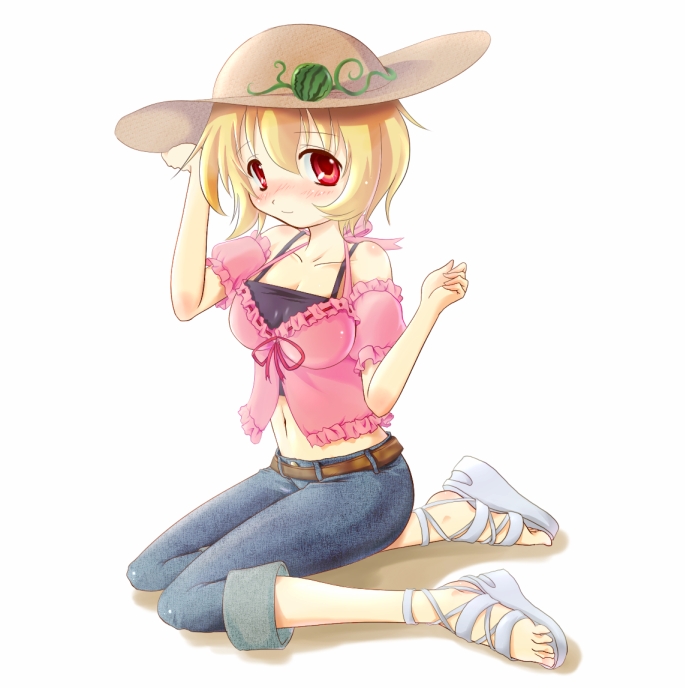 alternate_costume bad_id blonde_hair contemporary food food_themed_clothes fruit futakabe hat midriff navel red_eyes sandals short_hair simple_background solo straw_hat touhou watermelon