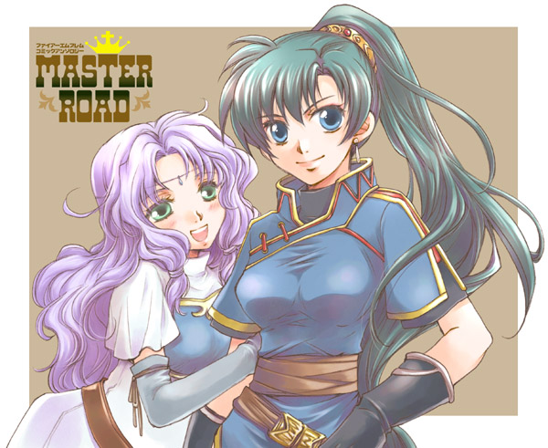 armor blue_eyes blush earrings elbow_gloves fire_emblem fire_emblem:_rekka_no_ken fire_emblem_blazing_sword florina gloves green_eyes green_hair high_ponytail jewelry kizuki_miki long_hair lyn lyndis_(fire_emblem) open_mouth pegasus_knight ponytail purple_hair smile solo sword weapon