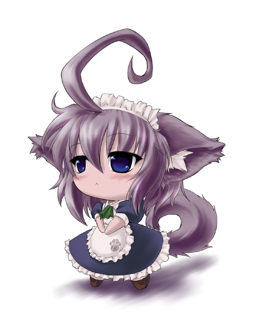 ahoge animal_ears blue_eyes blush blush_stickers chibi dog_ears dog_tail huge_ahoge inu_sakuya izayoi_sakuya neko_shiki_(artist) paw_print silver_hair tail touhou