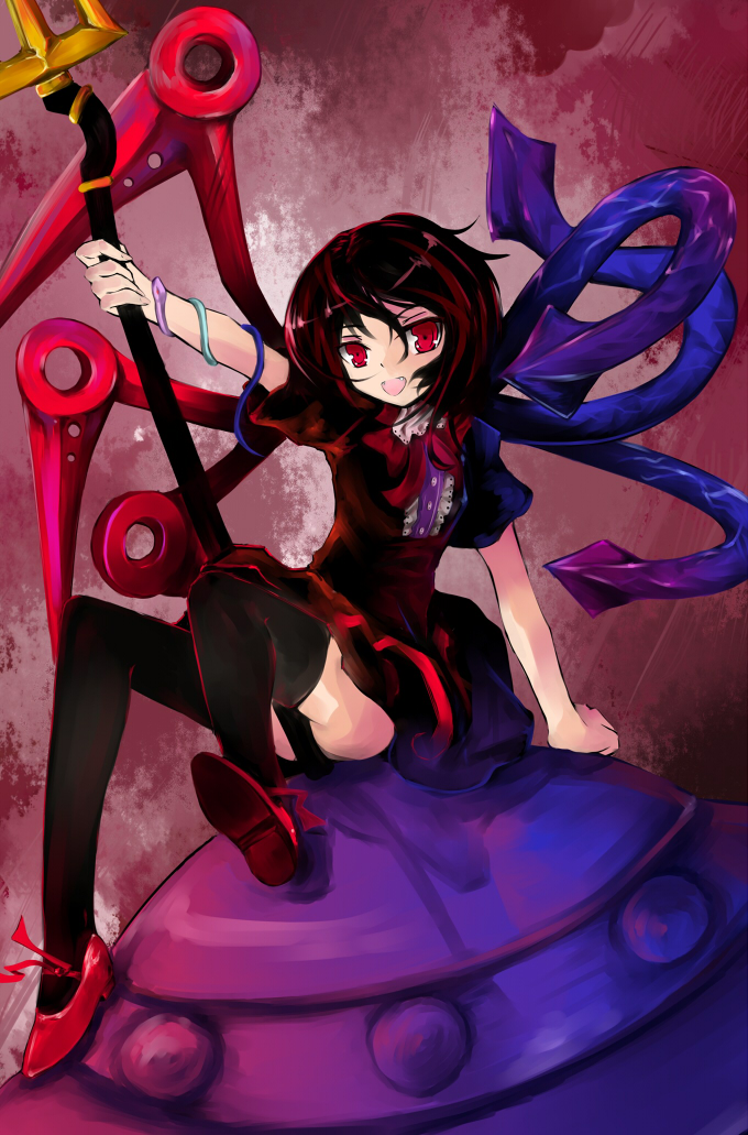 bad_id baraen black_hair black_legwear black_thighhighs dress fangs houjuu_nue looking_at_viewer no_panties open_mouth polearm red_eyes short_hair sitting_on_object smile snake thigh-highs thighhighs touhou trident ufo weapon wings zettai_ryouiki