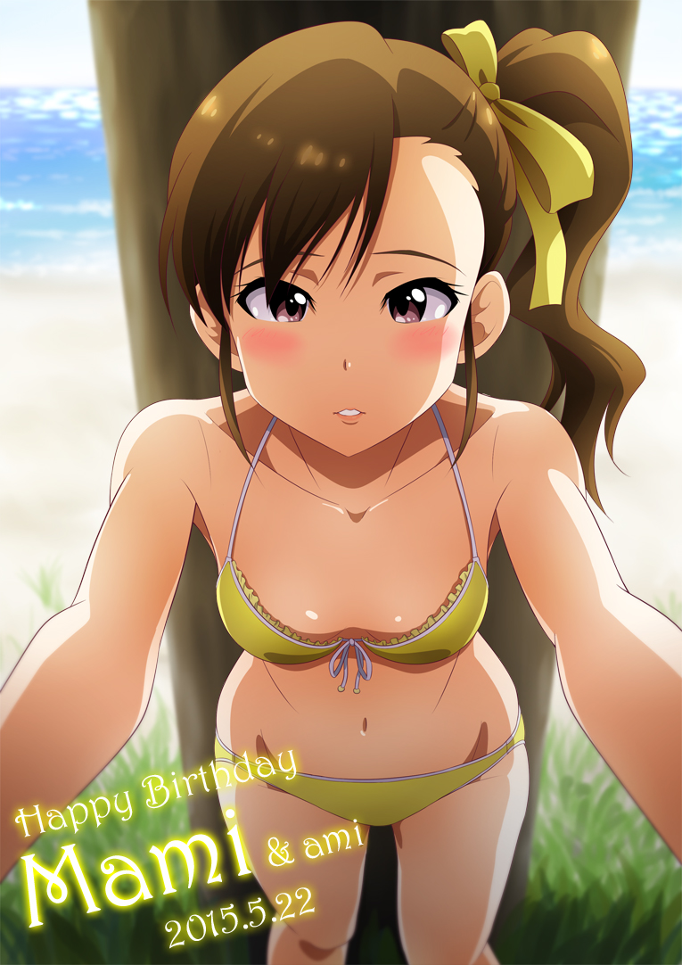 1girl bikini brown_eyes brown_hair futami_mami happy_birthday idolmaster long_hair parted_lips pov side_ponytail sunsun69 swimsuit