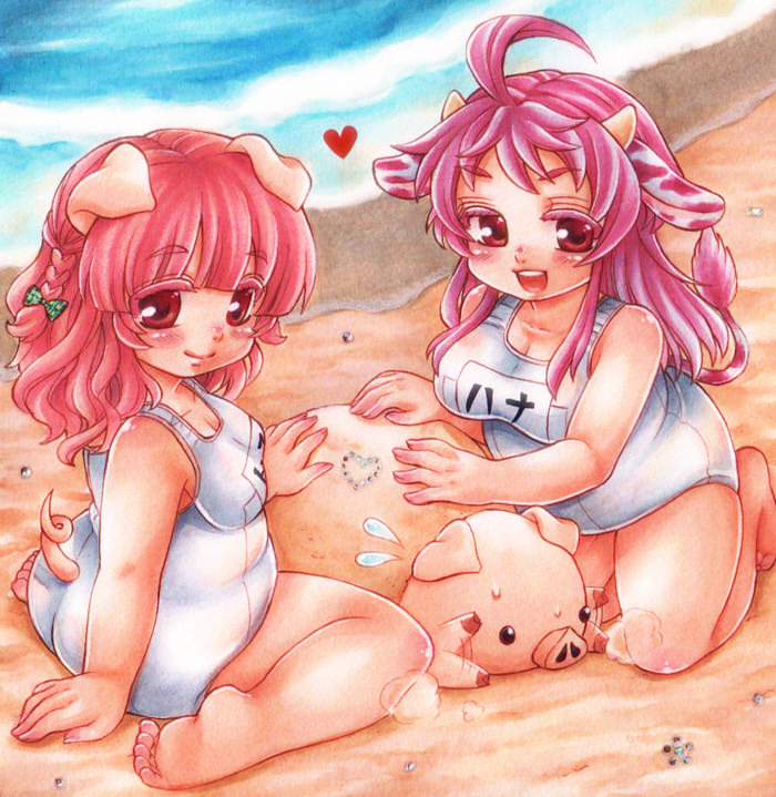 2girls animal_ears barefoot beach blush braid breasts character_name cow_ears cow_tail from_behind hair_ribbon hana_(shira) heart horns large_breasts long_hair multiple_girls one-piece_swimsuit original pig pig_ears pig_girl pig_tail pink_eyes pink_hair plump ribbon school_swimsuit shira_(kunseitamago) sweat swimsuit tail tonko_(shira)