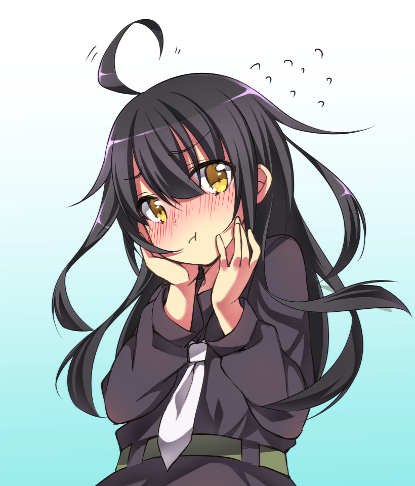 ahoge amber_eyes black_hair blush kantai_collection long_hair looking_at_viewer mikazuki_(kantai_collection) sk02