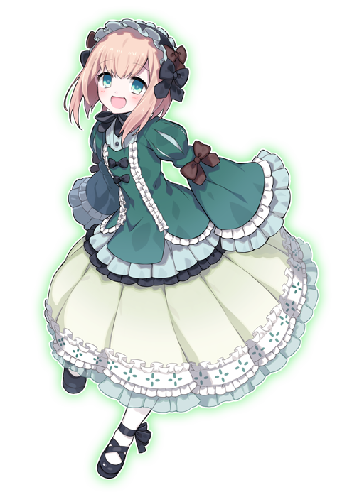 1girl :d artist_request black_bow black_shoes blonde_hair bow brown_bow dress frills gothic_wa_mahou_otome green_eyes hairband official_art open_mouth pantyhose shoes short_hair smile solo souffle_(gothic_wa_mahou_otome) white_legwear