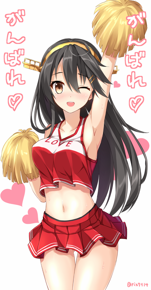 1girl antennae arm_up black_hair cheering cheerleader haruna_(kantai_collection) headgear kantai_collection long_hair midriff navel nikkunemu one_eye_closed pom_poms shirt skirt skirt_set solo very_long_hair