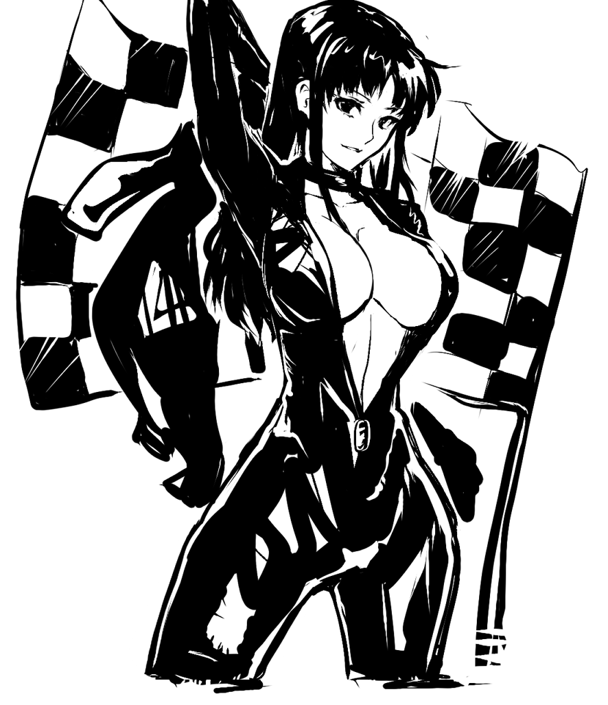 1girl arm_up bodysuit breasts catsuit checkered checkered_flag choker cleavage cropped_legs katsuragi_misato large_breasts long_hair looking_at_viewer mikazuki_shigure monochrome neon_genesis_evangelion no_bra sketch solo unzipped