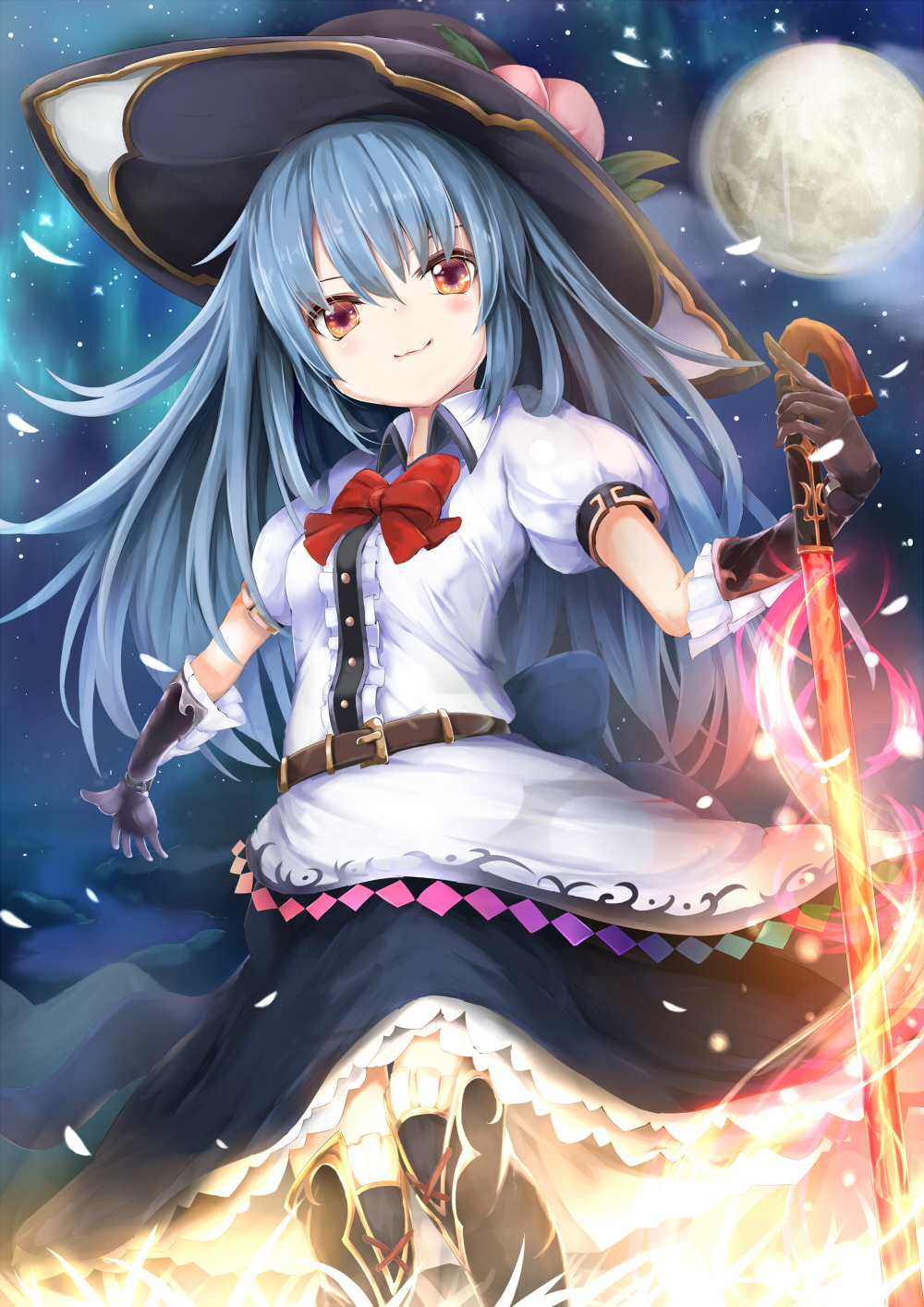 1girl belt black_gloves blue_hair boots bow elbow_gloves food fruit full_moon gloves hat highres hinanawi_tenshi long_hair looking_at_viewer moon night peach puffy_short_sleeves puffy_sleeves red_eyes shirt short_sleeves skirt sky smirk solo star_(sky) starry_sky sword_of_hisou thigh-highs thigh_boots touhou umagenzin very_long_hair