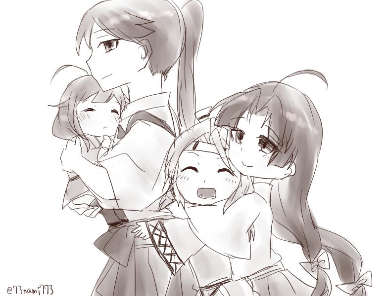 4girls :d ^_^ ahoge carrying closed_eyes commentary_request hachimaki hair_ribbon headband houshou_(kantai_collection) japanese_clothes kantai_collection long_hair long_sleeves monochrome multiple_girls open_mouth pleated_skirt ribbon short_hair shouhou_(kantai_collection) skirt sleeping smile taigei_(kantai_collection) tress_ribbon twitter_username wide_sleeves younger zuihou_(kantai_collection)