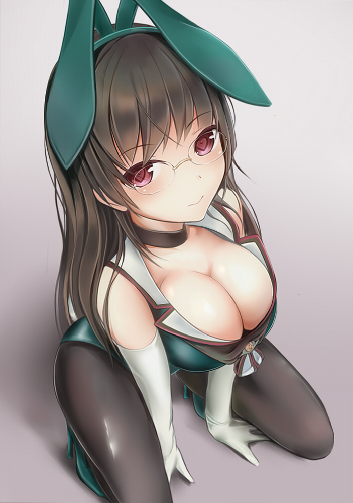 1girl breasts brown_hair choker choukai_(kantai_collection) cleavage elbow_gloves glasses gloves gradient gradient_background heart heart-shaped_pupils kantai_collection kneeling large_breasts long_hair nannacy7 pantyhose solo symbol-shaped_pupils