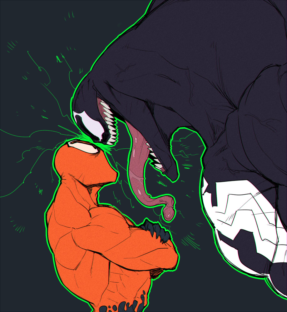 2boys crossed_arms faceoff from_side long_tongue marvel multiple_boys muscle open_mouth patrick_mulligan sharp_teeth size_difference skin_tight space_jin superhero tongue toxin_(marvel) venom_(marvel)