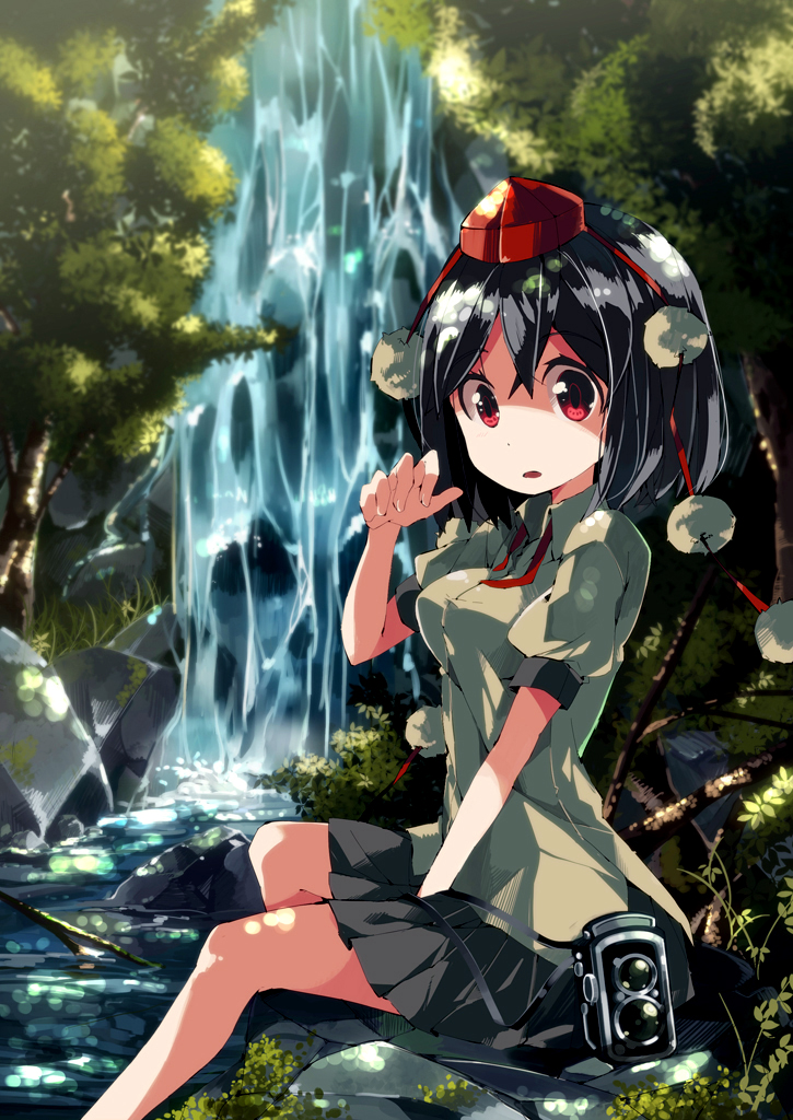 1girl :o black_hair breasts camera collared_shirt hat looking_at_viewer miniskirt pom_pom_(clothes) red_eyes river rock shameimaru_aya shirt short_hair sitting skirt solo tokin_hat touhou tree water waterfall yoshinaga_p