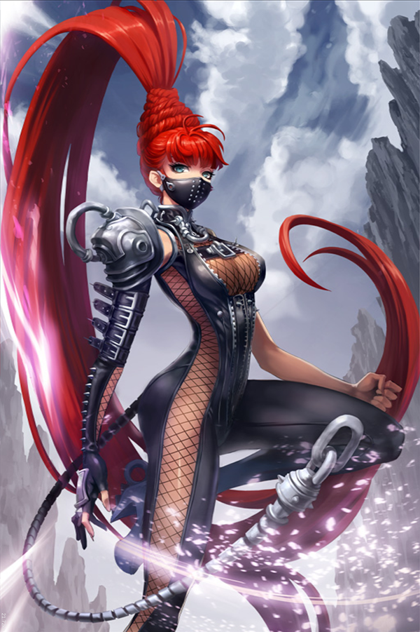 1girl absurdly_long_hair artist_request blade_&amp;_soul blue_eyes bodysuit breasts chain character_request cleavage cowboy_shot face_mask fingerless_gloves fishnets gloves high_ponytail large_breasts long_hair mask mountain ninja official_art pauldrons redhead side_slit single_elbow_glove solo unzipped very_long_hair zipper