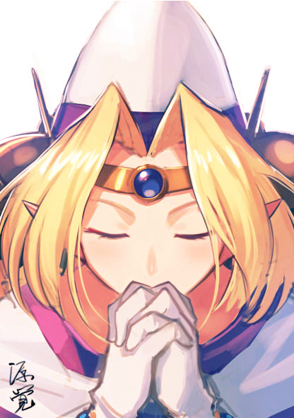 1girl bangs blonde_hair closed_eyes filia_ul_copt gloves hands_clasped hat ishitsu_kenzou parted_bangs pointy_ears praying short_hair signature slayers slayers_try solo white_background white_gloves