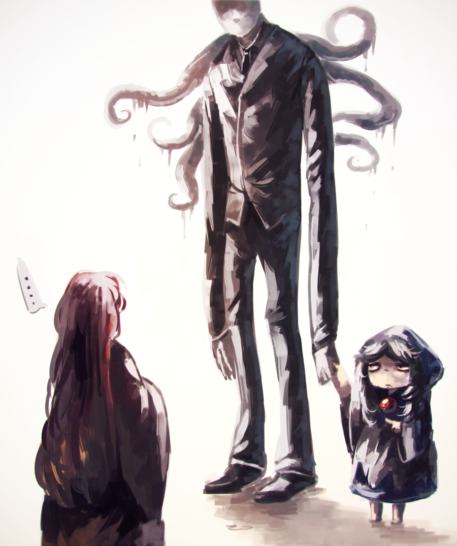 ... 2girls blue_eyes blue_hair faceless formal hijiri_byakuren hood inari_(flandoll-scarlet-devil) kumoi_ichirin long_hair multiple_girls short_hair slender_man suit tentacles touhou