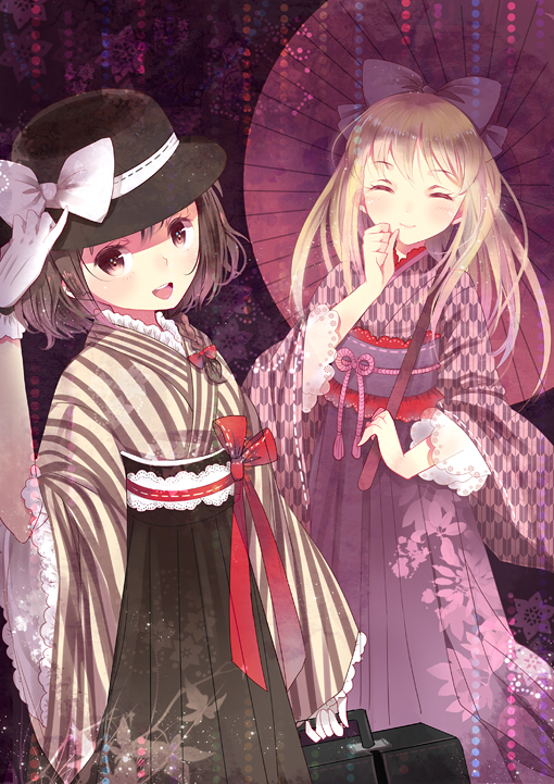 2girls ^_^ alternate_costume alternate_hairstyle alternate_headwear blonde_hair blush bow braid brown_eyes brown_hair closed_eyes domotolain facing_viewer gloves hair_bow hair_ornament hair_ribbon hakama hand_on_headwear hat hat_bow hat_ribbon holding holding_umbrella japanese_clothes kimono lace-trimmed_sleeves long_hair long_skirt long_sleeves looking_at_viewer maribel_hearn multiple_girls obi open_mouth oriental_umbrella ribbon sash short_hair side_braid single_braid skirt smile standing string striped suitcase touhou umbrella usami_renko white_gloves wide_sleeves yagasuri