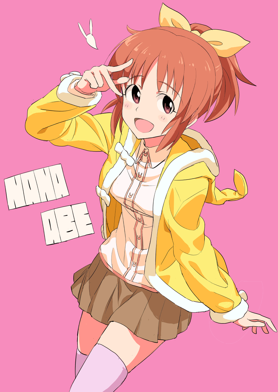 1girl abe_nana bow breasts brown_eyes brown_hair casual cowboy_shot hair_bow highres hoodie idolmaster miniskirt open_clothes open_hoodie open_mouth pink_background pink_legwear ponytail shimejirou shirt skirt smile solo thigh-highs