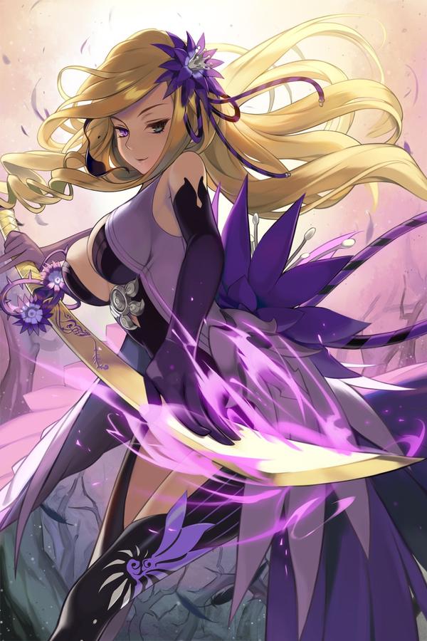 1girl artist_request black_legwear blade_&amp;_soul blonde_hair breasts character_request cowboy_shot elbow_gloves eyepatch eyepatch_removed fighting_stance flower gloves green_eyes hair_flower hair_ornament heterochromia hibiscus large_breasts light_smile long_hair looking_at_viewer official_art purple_gloves sideboob solo sword thigh-highs violet_eyes weapon