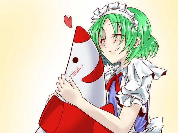 1girl blush closed_eyes eitaisa green_hair heart hug maid maid_headdress mimi-chan missile ruukoto smile touhou touhou_(pc-98)