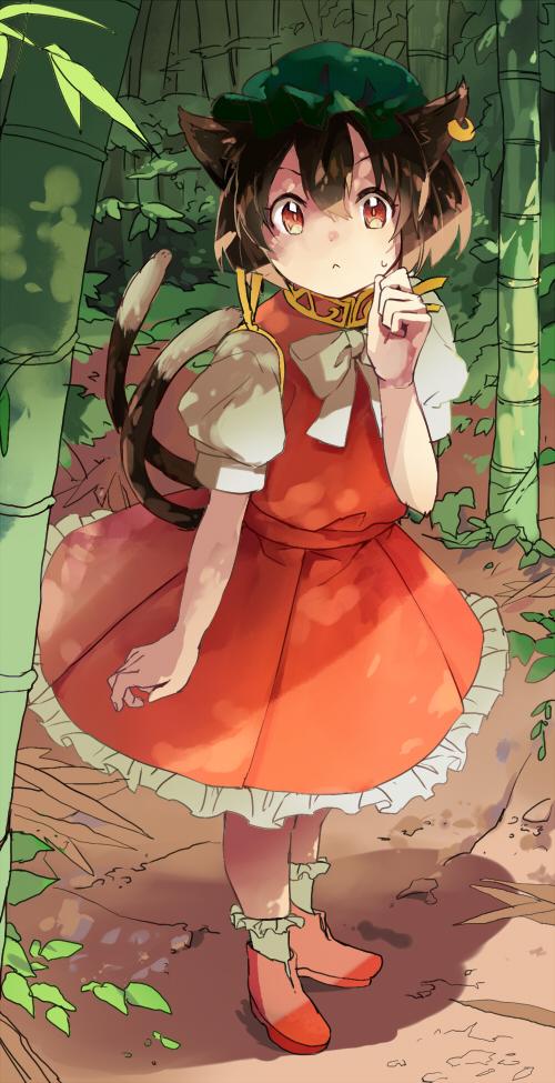 1girl :&lt; animal_ears brown_eyes brown_hair cat_ears cat_tail chen dress green_hat jewelry mob_cap multiple_tails nekomata red_dress short_hair short_sleeves single_earring solo surumeri_(baneiro) sweat tail touhou two_tails