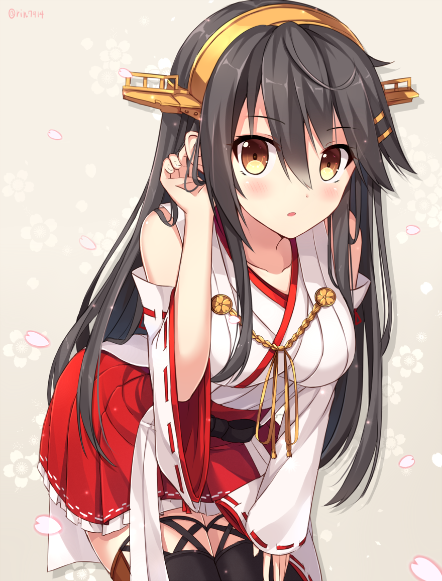 1girl adjusting_hair black_hair cherry_blossoms detached_sleeves hairband haruna_(kantai_collection) japanese_clothes kantai_collection long_hair nikkunemu nontraditional_miko solo thigh-highs wide_sleeves