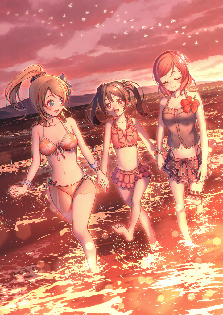 3girls ayase_eli bikini black_hair blonde_hair blue_eyes breasts feet_in_water holding_hands long_hair love_live!_school_idol_project multiple_girls nagareboshi nishikino_maki ponytail red_eyes redhead short_hair smile soaking_feet swimsuit twintails wading water yazawa_nico