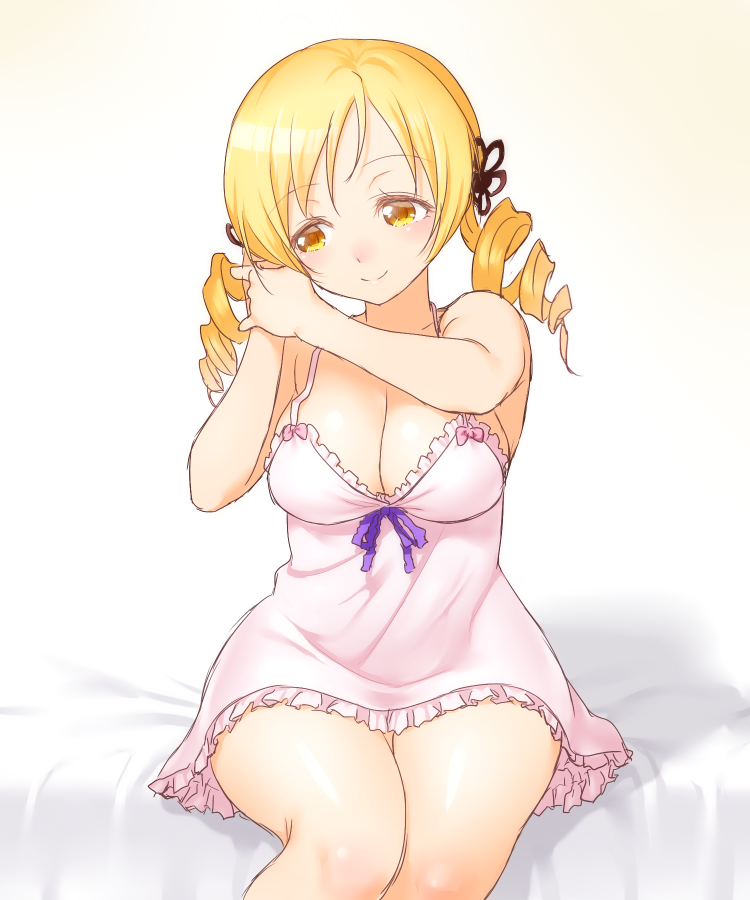 1girl adjusting_hair blonde_hair breasts cleavage drill_hair large_breasts lingerie mahou_shoujo_madoka_magica negligee onsoku_maru sitting smile solo thighs tomoe_mami twin_drills twintails underwear
