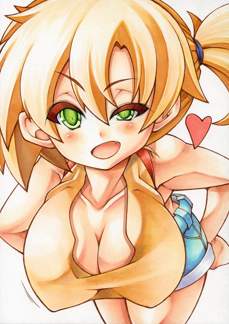 1girl bare_arms bare_shoulders bent_over blonde_hair breasts closed_eyes collarbone colored_pencil_(medium) downblouse fang green_eyes hanging_breasts heart kasumi_(pokemon) large_breasts marker_(medium) millipen_(medium) open_mouth pokemon shirt shorts side_ponytail sleeveless sleeveless_shirt smile solo traditional_media uneven_eyes yutakasan-love