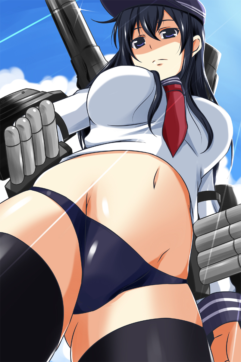 1girl akatsuki_(kantai_collection) black_hair black_legwear blue_eyes blue_panties blue_sky breasts cannon clouds from_below hat highres kantai_collection large_breasts machinery midriff navel neckerchief nishi_koutarou no_pants panties shaded_face sky solo thigh-highs underwear
