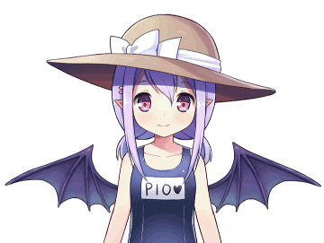 animated animated_gif bat_wings hat long_hair lowres pio_(potion_maker) pointy_ears potion_maker purple_hair school_swimsuit smile swimsuit twintails upper_body violet_eyes wings