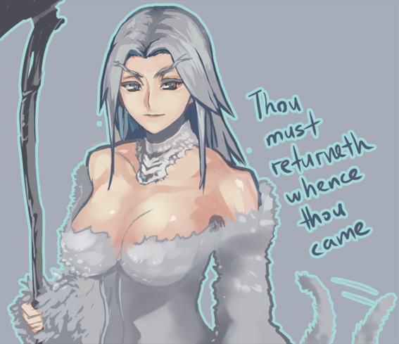 1girl bare_shoulders breasts cleavage dark_souls detached_collar detached_sleeves english eyebrows fur long_hair looking_at_viewer mikazuki_shigure monster_girl off-shoulder_dress priscilla_the_crossbreed scythe silver_hair solo souls_(from_software) tail tail_wagging