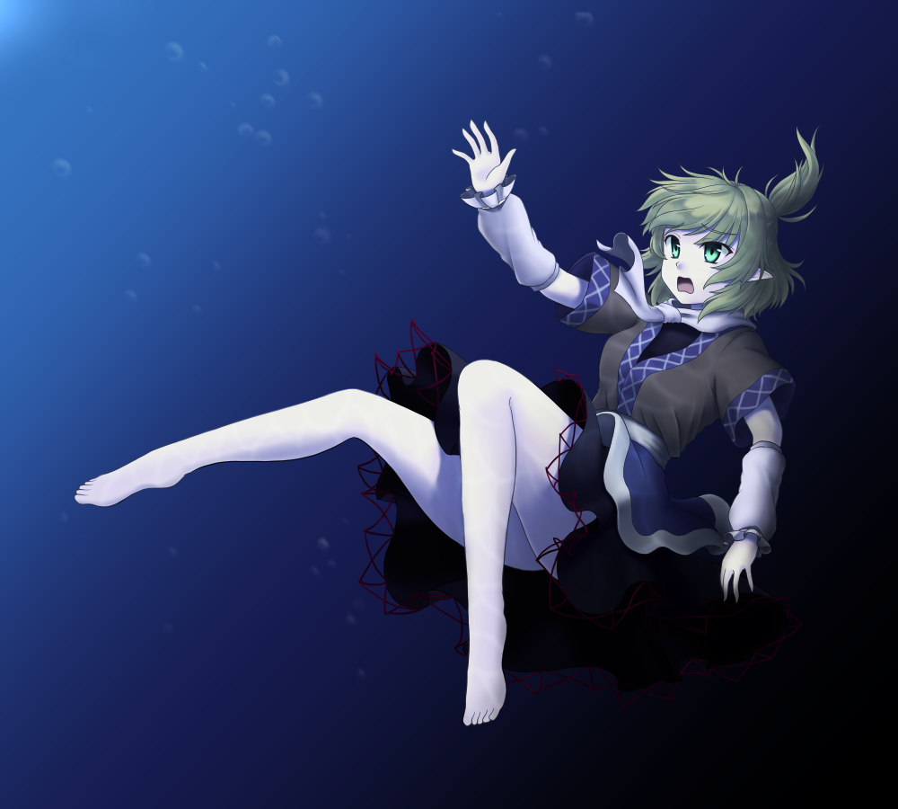 1girl arm_warmers bare_legs barefoot blonde_hair gomi_(gomitin) green_eyes mizuhashi_parsee open_mouth pointy_ears ponytail reaching_out sash scarf shirt short_sleeves skirt solo touhou underwater