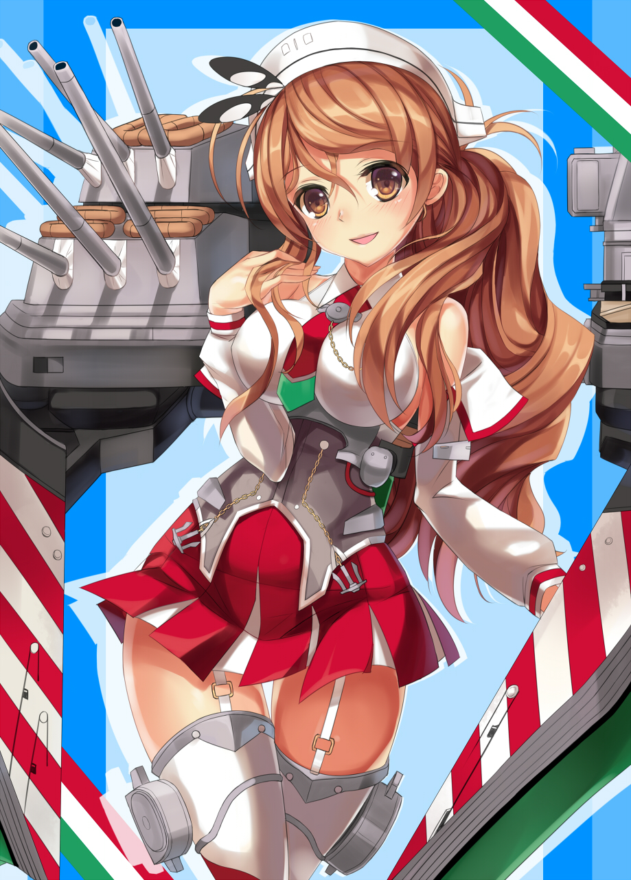 1girl anchor armor blush breasts brown_eyes brown_hair cannon cowboy_shot detached_sleeves garter_straps hair_tousle hand_in_hair headdress highres kantai_collection large_breasts littorio_(kantai_collection) long_hair looking_at_viewer machinery mecha_musume miniskirt necktie pleated_skirt ponytail shirt skirt sleeveless sleeveless_shirt smile solo thigh-highs turret vin wavy_hair