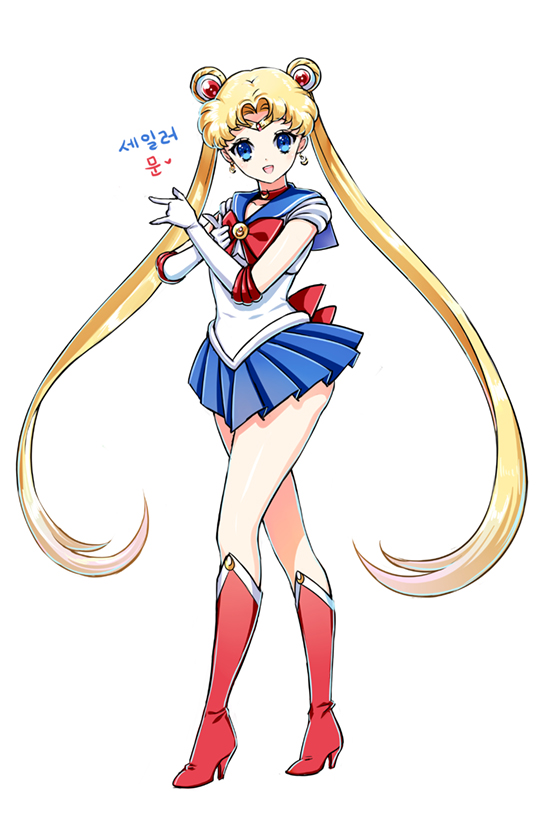 1girl bishoujo_senshi_sailor_moon blonde_hair blue_eyes blue_skirt boots bow brooch choker double_bun earrings elbow_gloves gloves hair_ornament hairpin jewelry knee_boots long_hair magical_girl pleated_skirt red_boots red_bow sailor_collar sailor_moon sailor_senshi_uniform shainea skirt smile solo standing tiara tsuki_ni_kawatte_oshioki_yo tsukino_usagi twintails white_background white_gloves