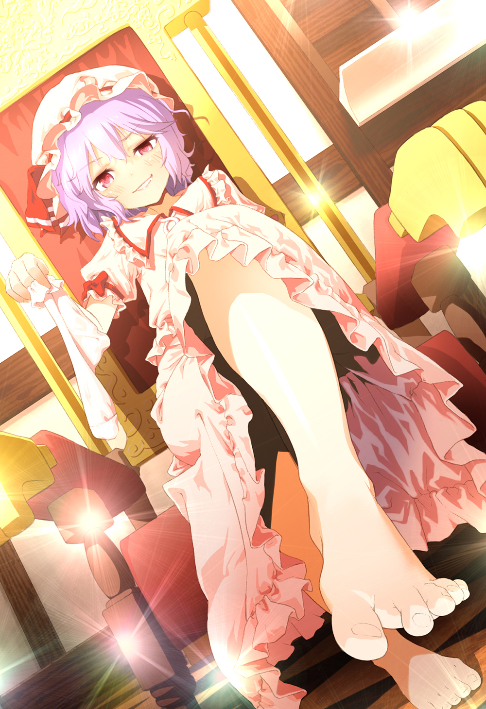 1girl armband barefoot bow chair commentary_request feet frilled_skirt frills from_below hat hat_bow highres holding_socks legs lips looking_at_viewer looking_down maru-chan_niko mob_cap perspective pink_shirt pink_skirt pov_feet purple_hair remilia_scarlet shiny shirt short_hair short_sleeves skirt smirk solo sparkle teeth throne tile_floor tiles toenails toes touhou window
