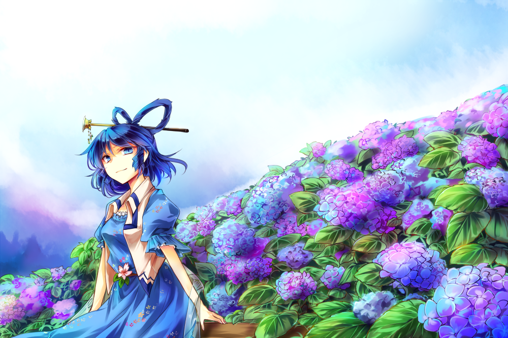 1girl blue_dress blue_eyes blue_hair blue_sky clouds dress field flower flower_field hair_ornament hair_rings hair_stick hydrangea kaku_seiga kutsuki_kai looking_at_viewer open_clothes open_vest puffy_short_sleeves puffy_sleeves shawl short_sleeves sky solo touhou vest