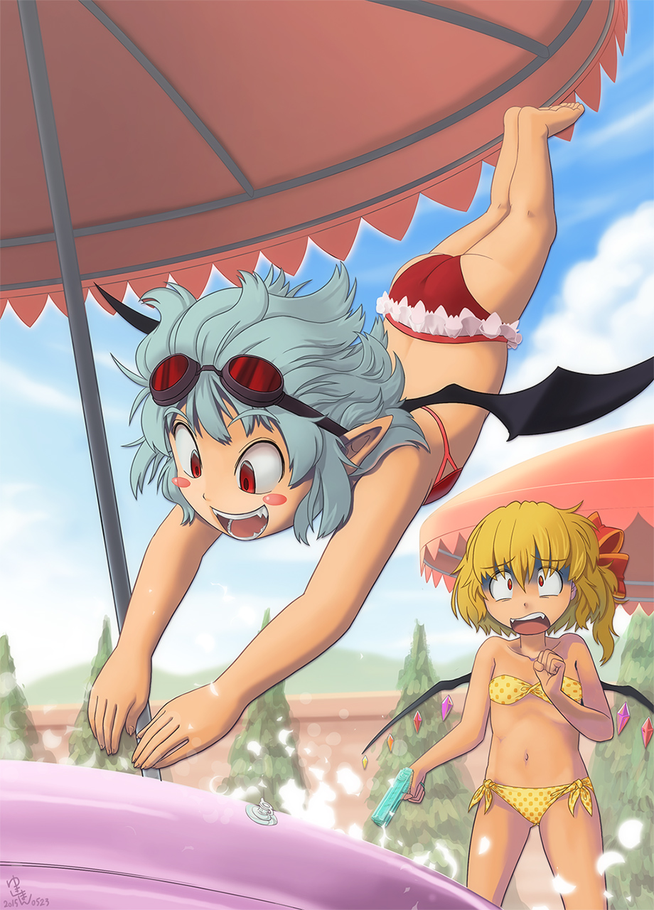 2girls alternate_costume asymmetrical_hair asymmetrical_wings bat_wings bikini blonde_hair blush_stickers diving diving_mask_on_head fangs flandre_scarlet highres lavender_hair looking_at_another multiple_girls open_mouth outdoors pointy_ears red_bikini red_eyes remilia_scarlet scarlet_devil_mansion shaded_face short_hair siblings side-tie_bikini side_ponytail sisters small_breasts swimsuit touhou wading_pool water water_gun wings worried yellow_bikini yukiman