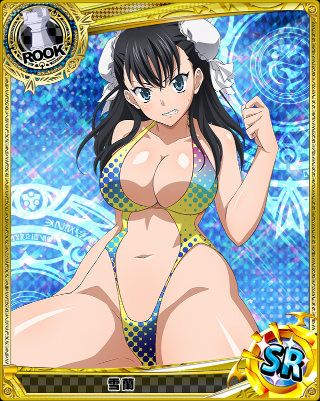 1girl black_hair blue_background breasts bun_cover card_(medium) cleavage clenched_teeth double_bun high_school_dxd long_hair looking_at_viewer navel official_art rook_(chess) shiny shiny_skin sling_bikini solo swimsuit trading_cards xuelan