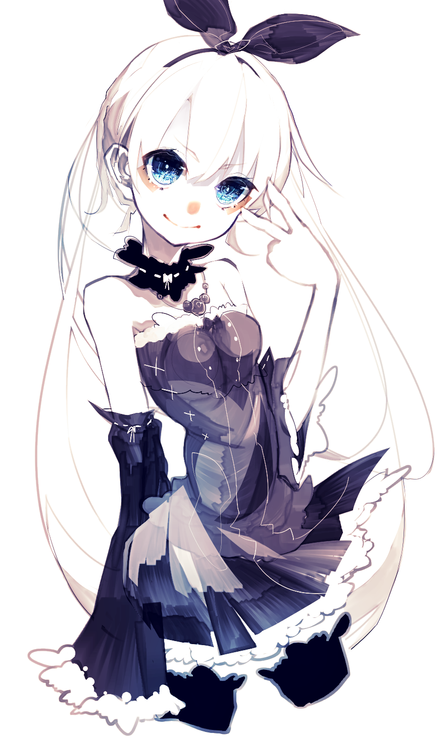 1girl black_dress black_legwear blue_eyes detached_collar detached_sleeves dress frilled_dress frilled_sleeves frills hair_ribbon hairband highres jewelry long_hair long_sleeves looking_at_viewer necklace original pale_skin pendant ribbon riuichi simple_background sleeves_past_wrists smile solo twintails v white_background white_hair white_skin