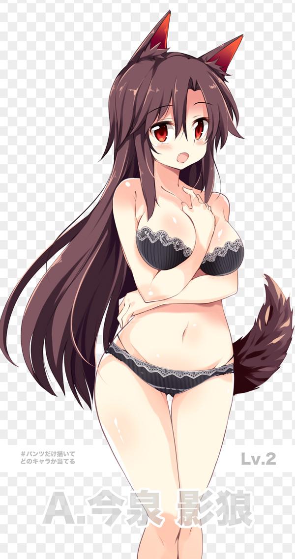 1girl animal_ears bare_shoulders blush bra brown_hair checkered checkered_background imaizumi_kagerou jpeg_artifacts long_hair looking_at_viewer matsuri_uta midriff navel open_mouth panties red_eyes solo tail text touhou underwear underwear_only wolf_ears wolf_tail