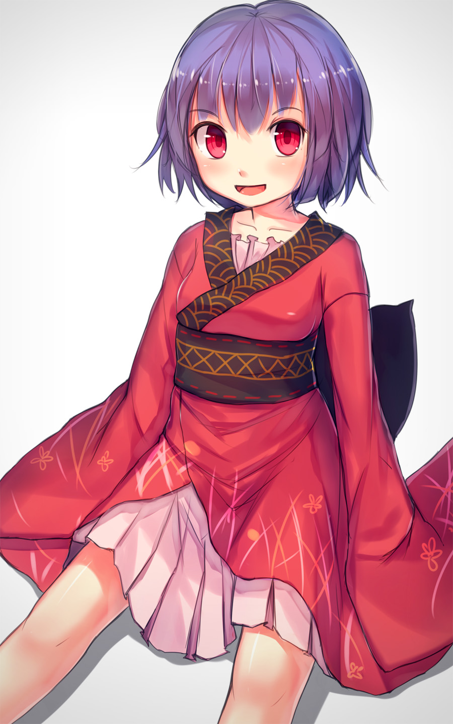 1girl dress gradient gradient_background highres japanese_clothes kimono long_sleeves looking_at_viewer no_headwear obi open_mouth purple_hair red_dress ribbon sash shone short_hair sitting smile solo sukuna_shinmyoumaru touhou wide_sleeves