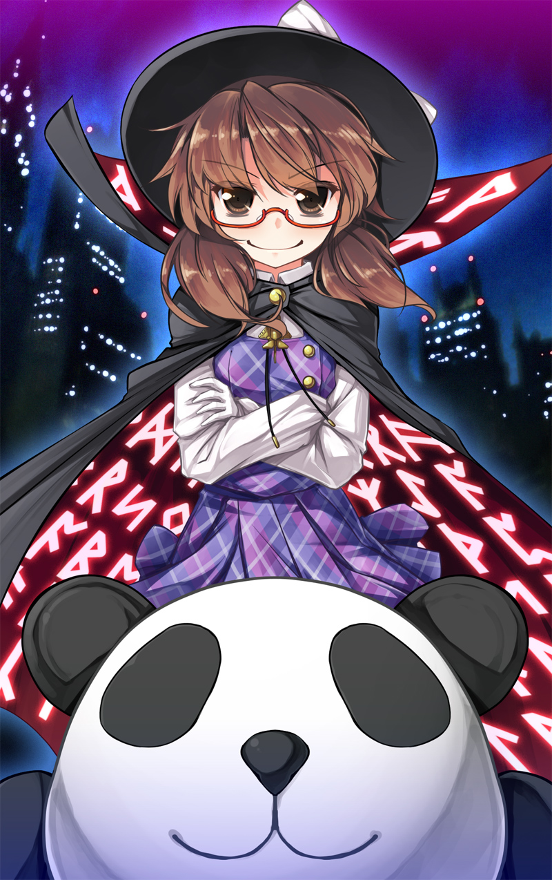 1girl brown_eyes brown_hair cape chima_q city_lights crossed_arms dress glasses hat highres looking_at_viewer panda purple_dress red-framed_glasses shirt smile solo touhou usami_sumireko