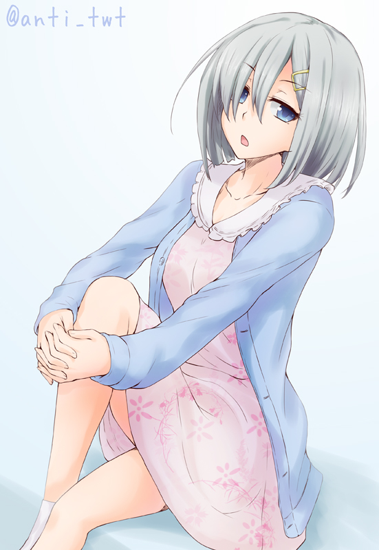 1girl alternate_costume anti_(untea9) blue_eyes casual dress floral_print hair_ornament hair_over_one_eye hairclip hamakaze_(kantai_collection) hands_on_knee kantai_collection long_hair looking_at_viewer one_leg_raised open_mouth pink_dress short_hair silver_hair sitting solo