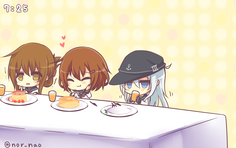 3girls ^_^ anchor_symbol blue_eyes brown_eyes brown_hair closed_eyes drinking flat_cap folded_ponytail food_in_mouth fork hat heart hibiki_(kantai_collection) ikazuchi_(kantai_collection) inazuma_(kantai_collection) kantai_collection knife long_hair long_sleeves multiple_girls nor_nao plate ponytail short_hair silver_hair twitter_username wavy_mouth