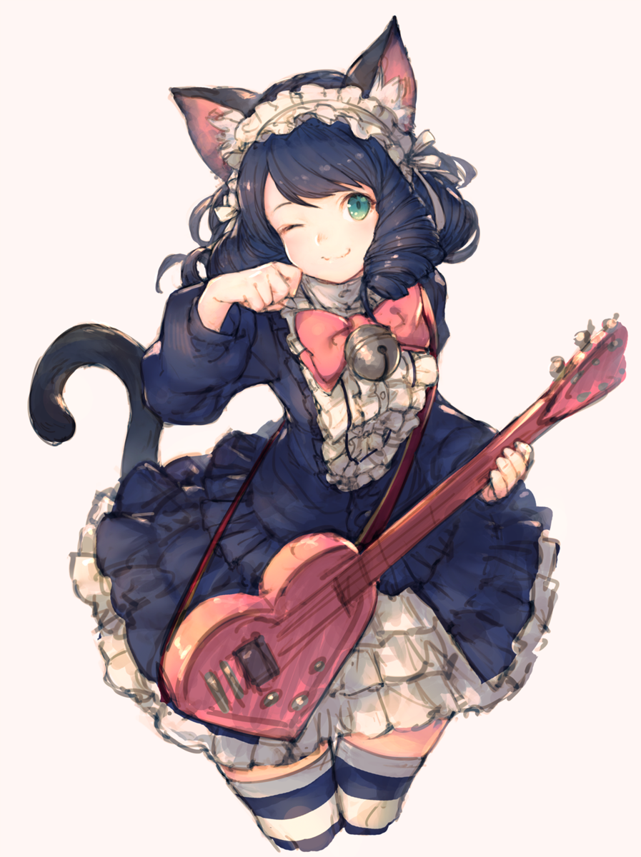 1girl ;) animal_ears bell black_hair blush bow cat_ears cat_tail curly_hair cyan_(show_by_rock!!) dress guitar hairband highres instrument jingle_bell junwool lolita_hairband looking_at_viewer multiple_girls one_eye_closed paw_pose show_by_rock!! simple_background smile solo striped striped_legwear tail thigh-highs white_background